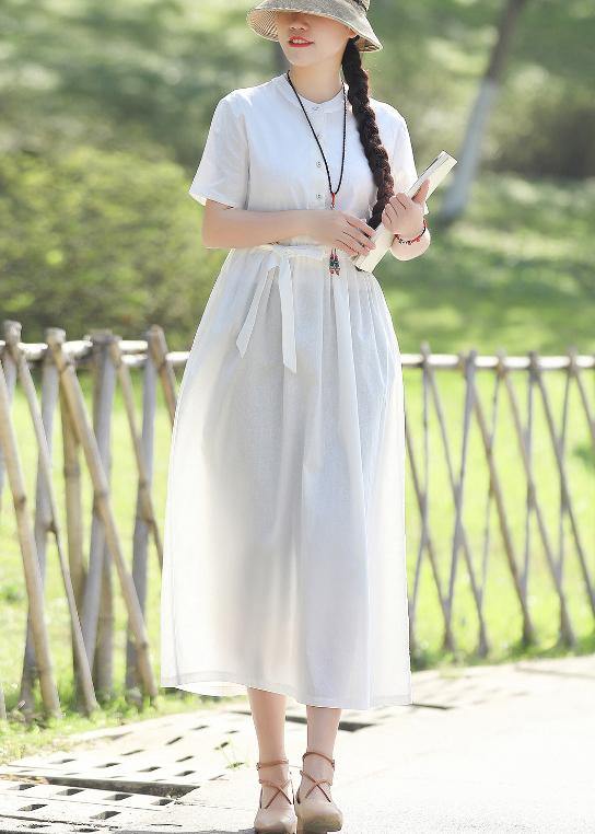 Style white linen quilting dresses tie waist Robe summer Dresses - SooLinen