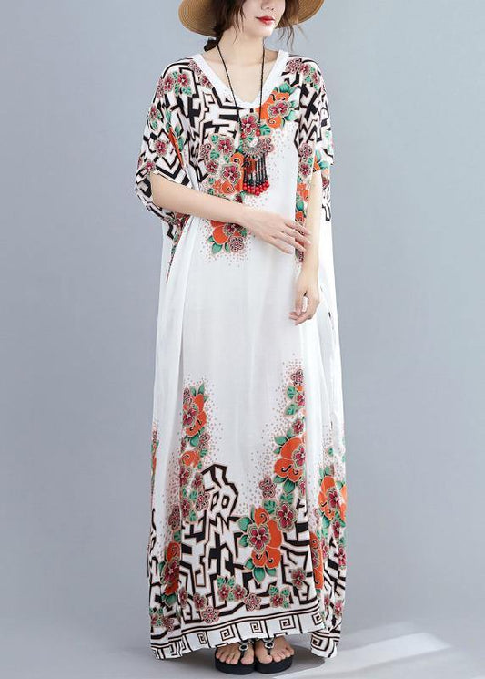 Style white print dress v neck Batwing Sleeve long Dresses - SooLinen