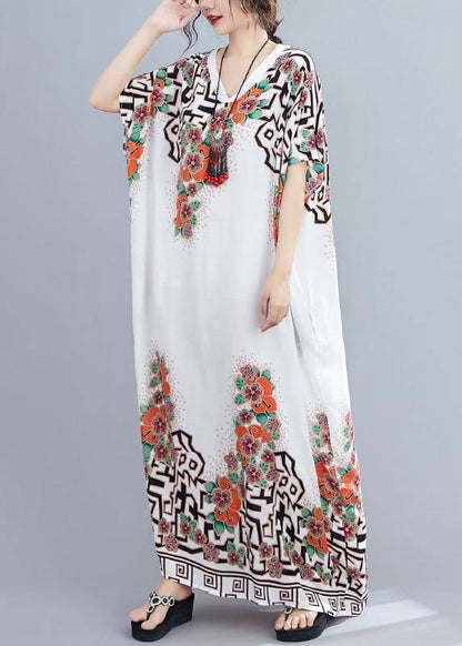 Style white print dress v neck Batwing Sleeve long Dresses - SooLinen