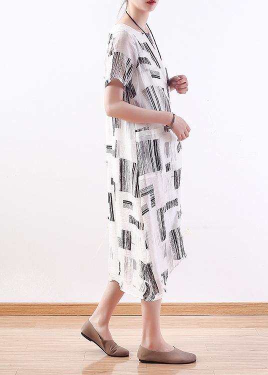Style white print linen dress o neck asymmetric A Line Dresses - SooLinen