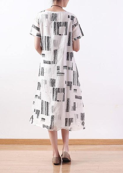 Style white print linen dress o neck asymmetric A Line Dresses - SooLinen
