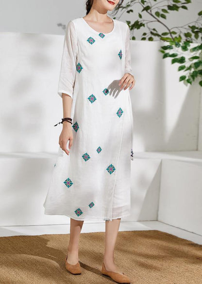 Style white prints linen clothes For Women bracelet sleeved Kaftan o neck Dresses - SooLinen