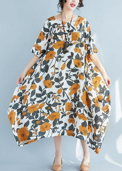 Style yellow floral linen Robes big hem Maxi summer Dresses - SooLinen