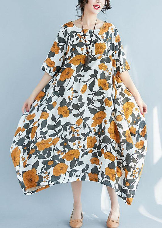 Style yellow floral linen Robes big hem Maxi summer Dresses - SooLinen