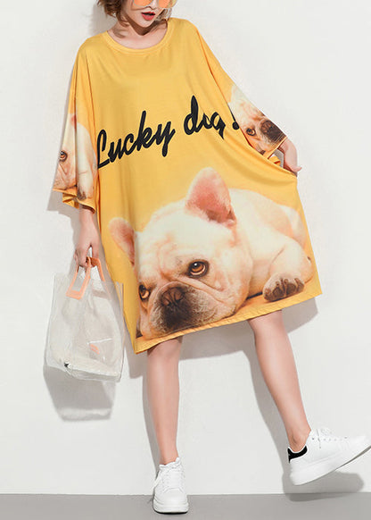 Style yellow print Cotton tunic pattern plus size Sleeve o neck baggy Summer Dress