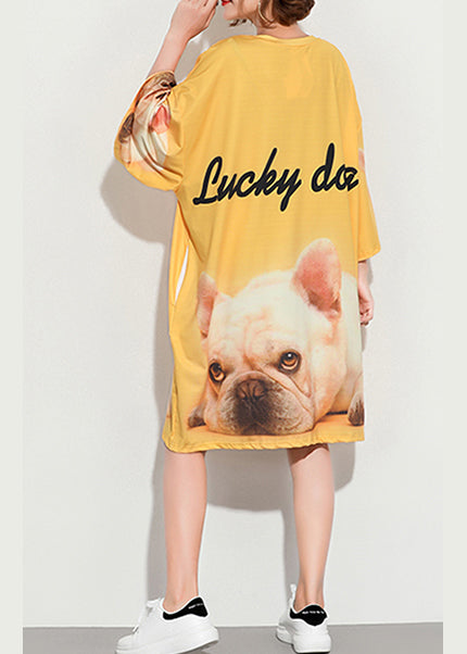 Style yellow print Cotton tunic pattern plus size Sleeve o neck baggy Summer Dress
