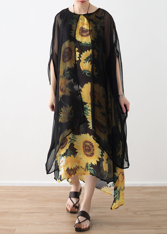 Style yellow print chiffon clothes Fashion Neckline o neck false two pieces Art Summer Dress