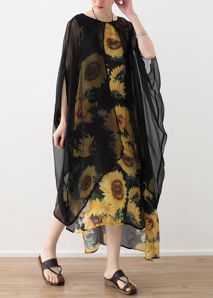 Style yellow print chiffon clothes Fashion Neckline o neck false two pieces Art Summer Dress