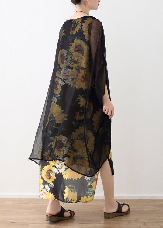 Style yellow print chiffon clothes Fashion Neckline o neck false two pieces Art Summer Dress