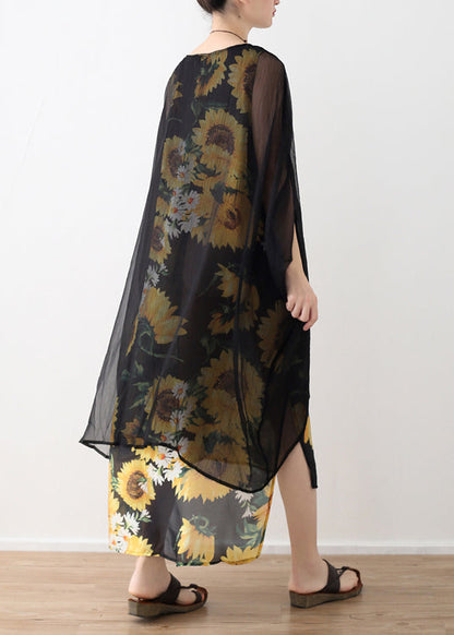 Style yellow print chiffon clothes Fashion Neckline o neck false two pieces Art Summer Dress