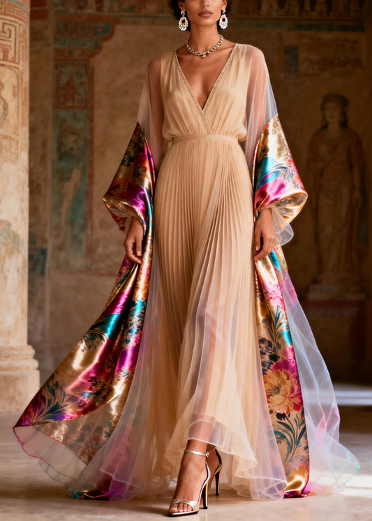 Stylish Apricot Exra Large Hem Patchwork Chiffon Pleated Dress Summer