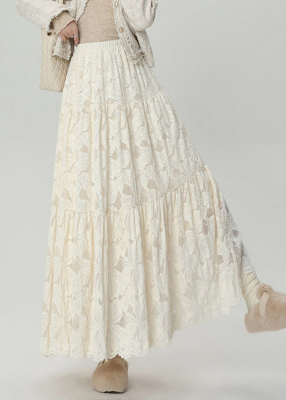 Stylish Apricot Lace High Waist Warm Fleece Maxi Skirts