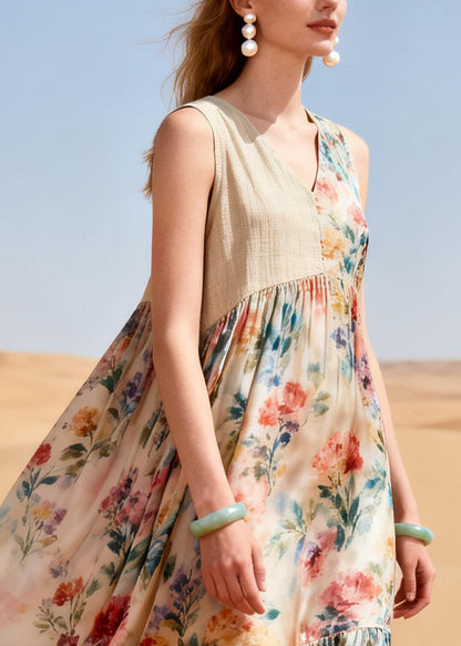 Stylish Apricot Oversized Patchwork Linen Chiffon Holiday Dress Summer
