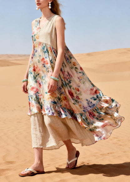 Stylish Apricot Oversized Patchwork Linen Chiffon Holiday Dress Summer