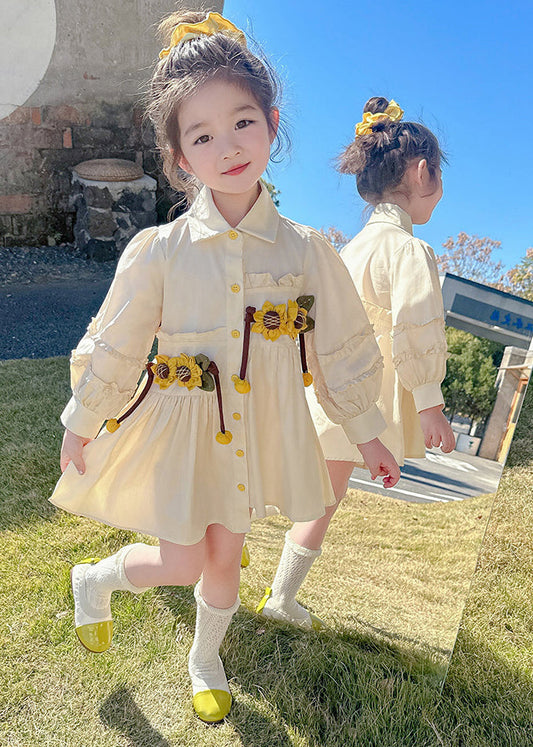 Stylish Apricot Peter Pan Collar Asymmetrical Wrinkled Floral Kids Long Shirts Dress Fall