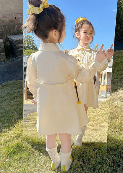 Stylish Apricot Peter Pan Collar Asymmetrical Wrinkled Floral Kids Long Shirts Dress Fall