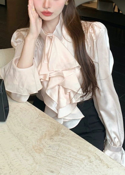 Stylish Apricot Peter Pan Collar Ruffled Chiffon Shirts Spring