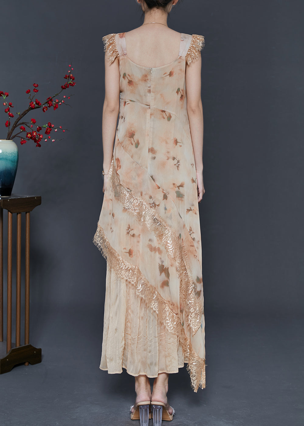 Stylish Apricot Print Patchwork Lace Holiday Dress Summer