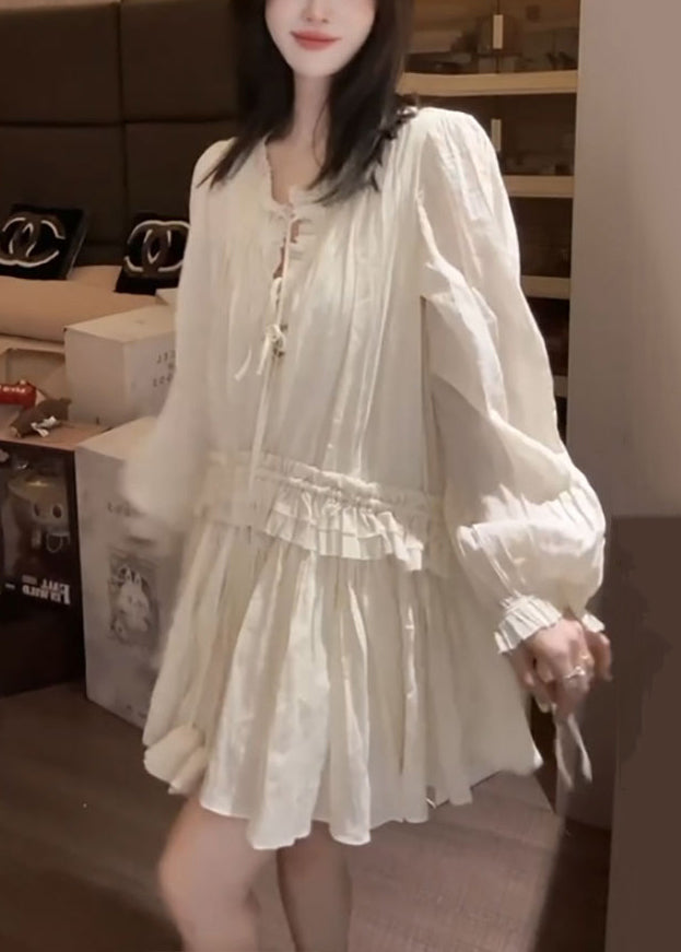 Stylish Apricot Ruffled Lace Up Solid Chiffon Mini Dress Fall