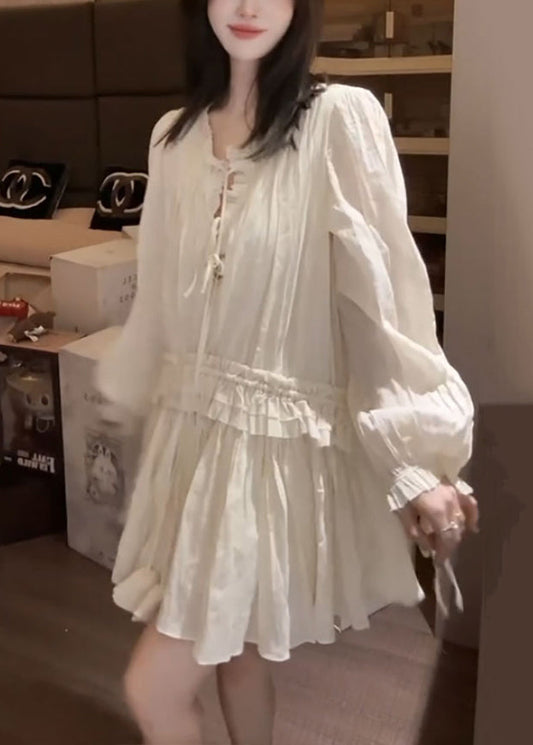 Stylish Apricot Ruffled Lace Up Solid Chiffon Mini Dress Fall