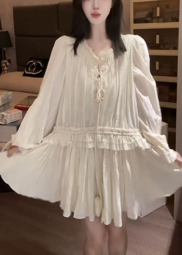 Stylish Apricot Ruffled Lace Up Solid Chiffon Mini Dress Fall