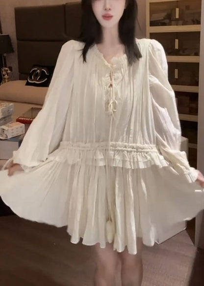 Stylish Apricot Ruffled Lace Up Solid Chiffon Mini Dress Fall