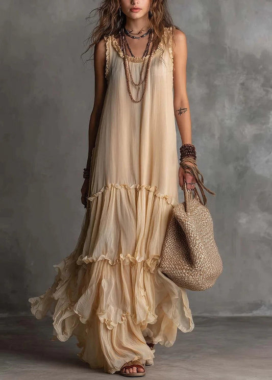 Stylish Apricot Ruffled O-Neck Chiffon Ankle Dress Sleeveless