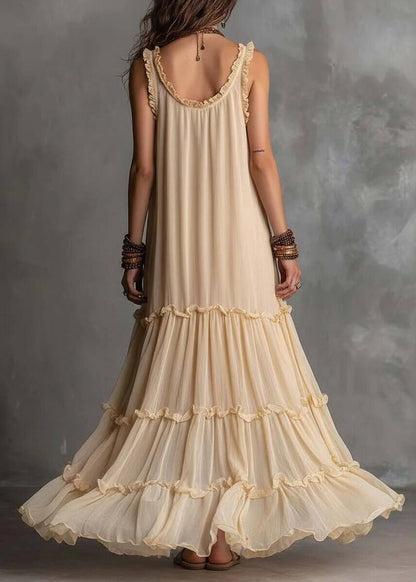 Stylish Apricot Ruffled O-Neck Chiffon Ankle Dress Sleeveless