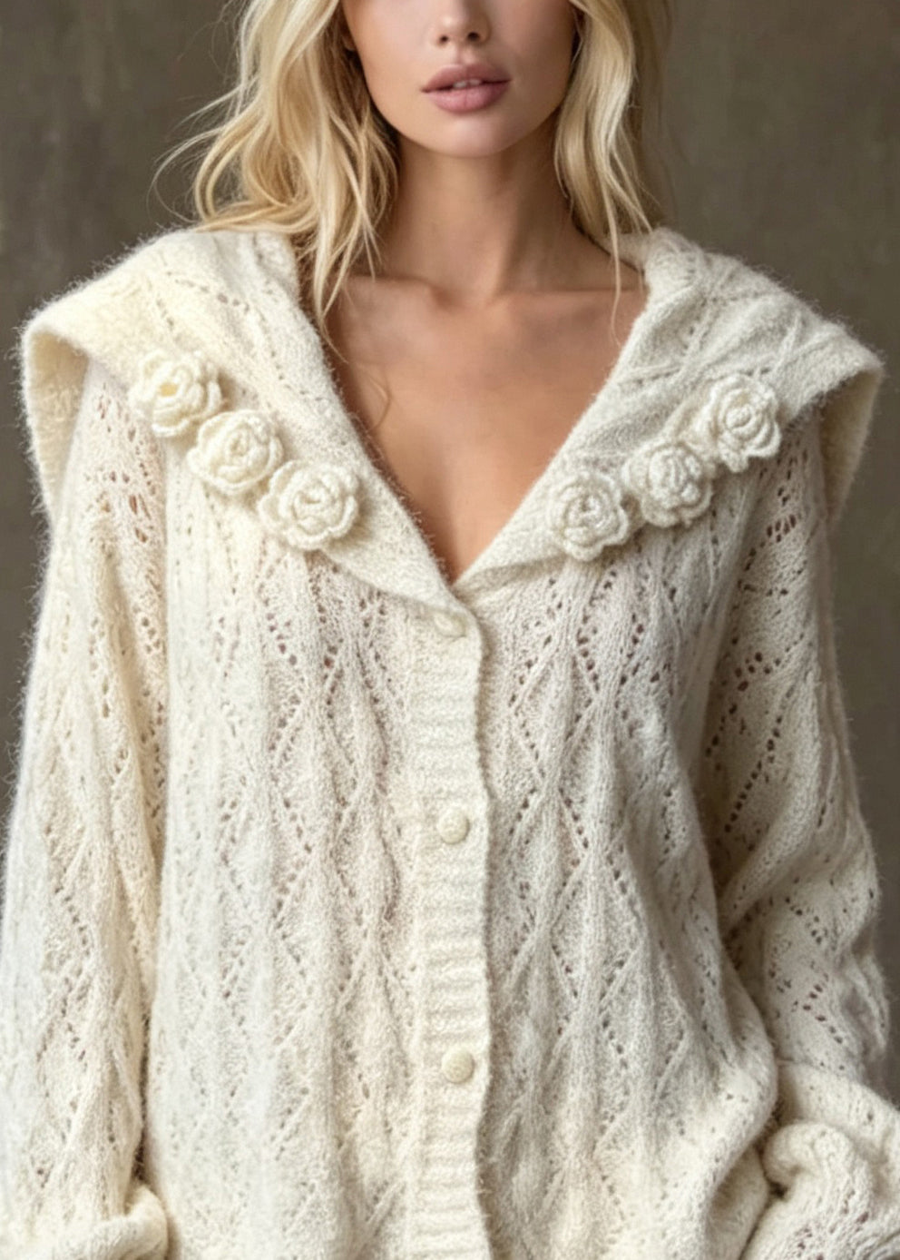 Stylish Apricot Sailor Collar Floral Knit Cardigan Fall
