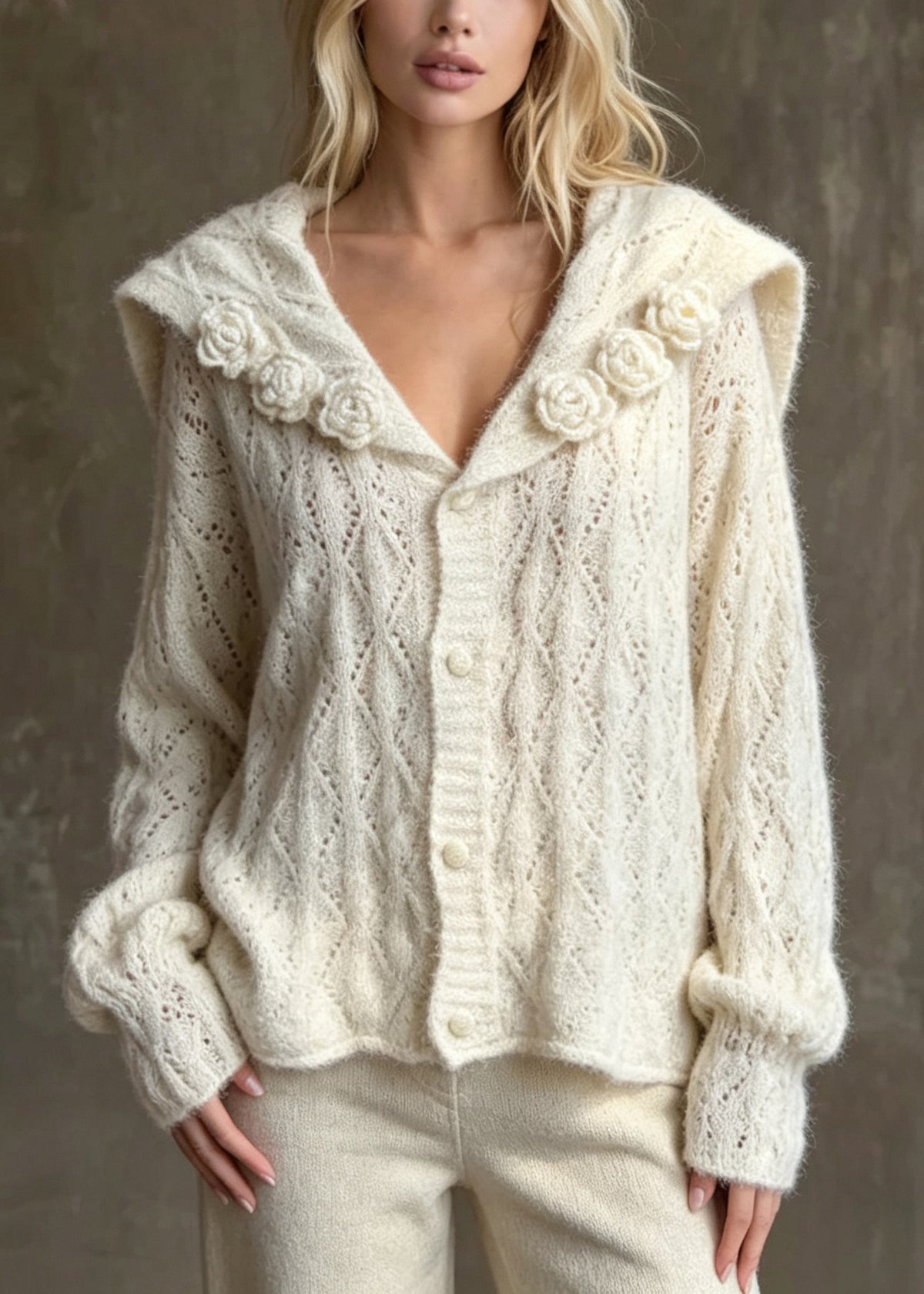Stylish Apricot Sailor Collar Floral Knit Cardigan Fall