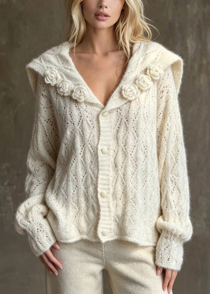 Stylish Apricot Sailor Collar Floral Knit Cardigan Fall