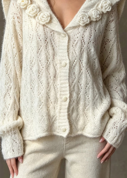 Stylish Apricot Sailor Collar Floral Knit Cardigan Fall