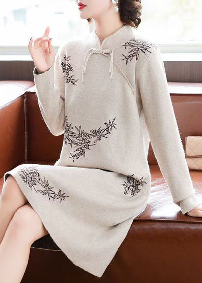 Stylish Apricot Stand Collar Button Cotton Knit Long Sweaters Dress Spring