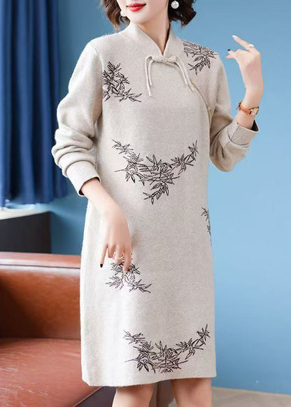 Stylish Apricot Stand Collar Button Cotton Knit Long Sweaters Dress Spring