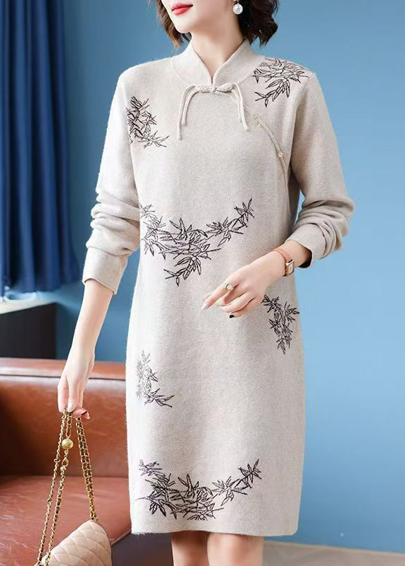 Stylish Apricot Stand Collar Button Cotton Knit Long Sweaters Dress Spring