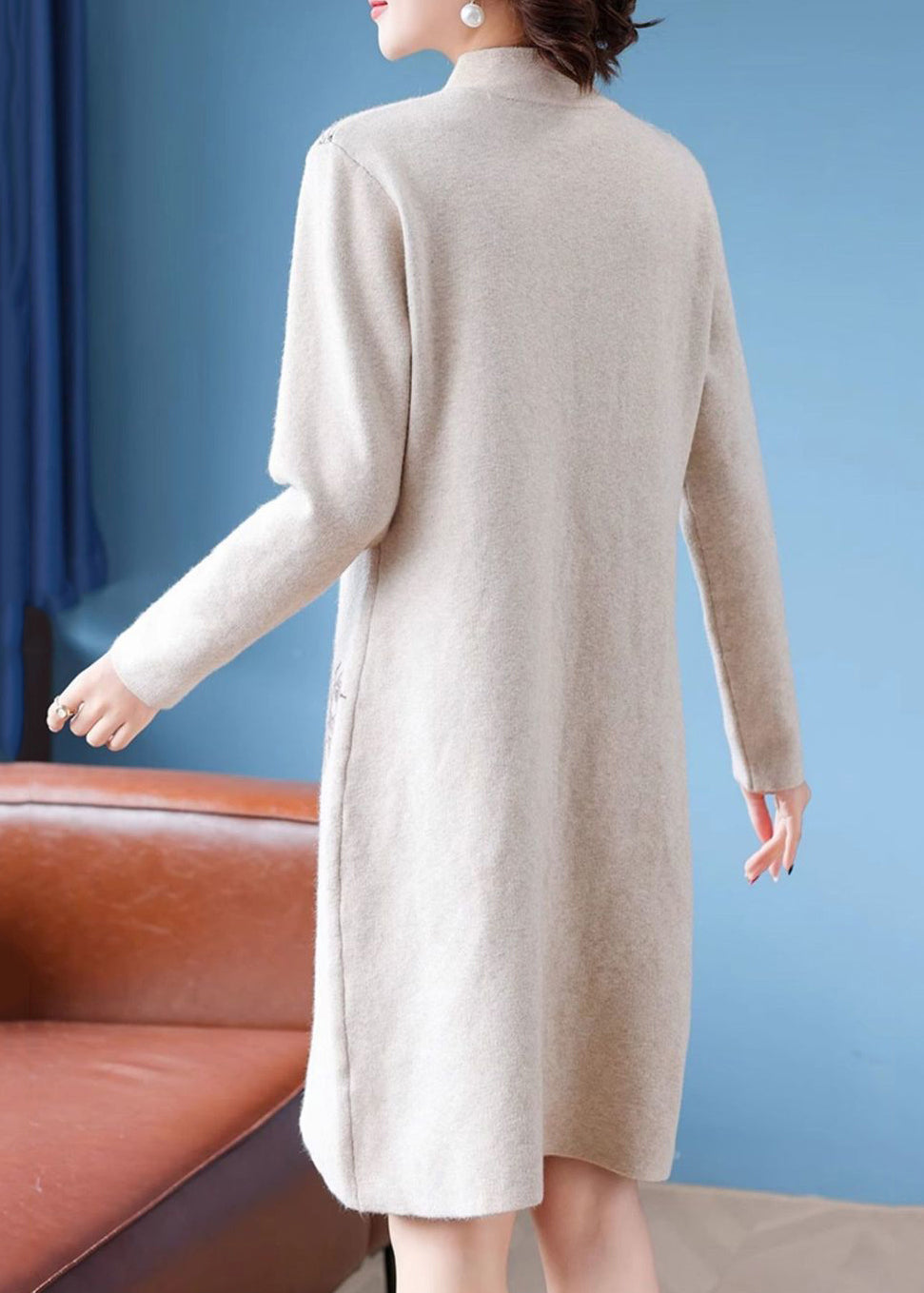 Stylish Apricot Stand Collar Button Cotton Knit Long Sweaters Dress Spring