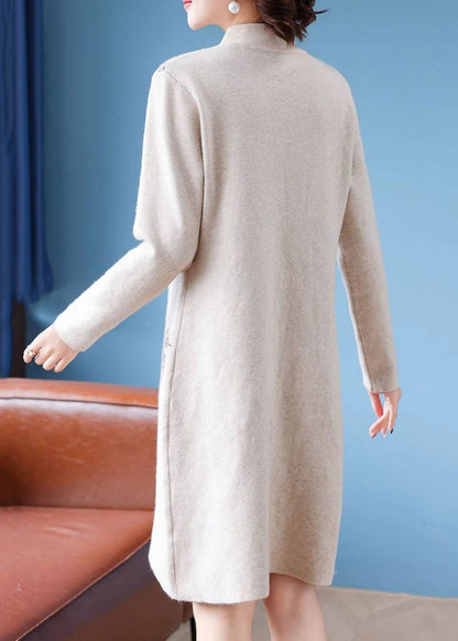 Stylish Apricot Stand Collar Button Cotton Knit Long Sweaters Dress Spring