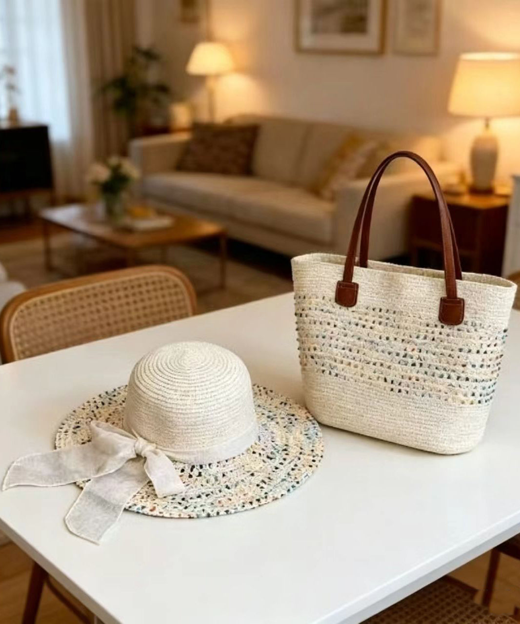 Stylish Apricot Tie Dye Solid Durable Straw Woven Floppy Sun Hat And Shoulder Handbag Two Pieces Set