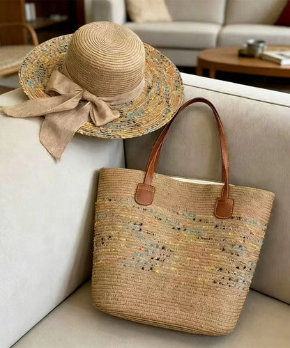 Stylish Apricot Tie Dye Solid Durable Straw Woven Floppy Sun Hat And Shoulder Handbag Two Pieces Set