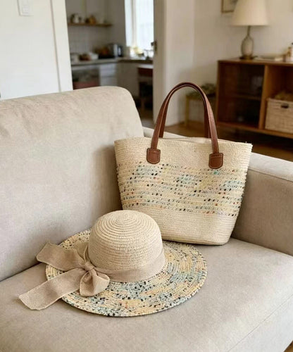 Stylish Apricot Tie Dye Solid Durable Straw Woven Floppy Sun Hat And Shoulder Handbag Two Pieces Set