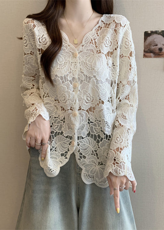 Stylish Apricot V Neck Button Hollow Out Lace Cardigan Spring