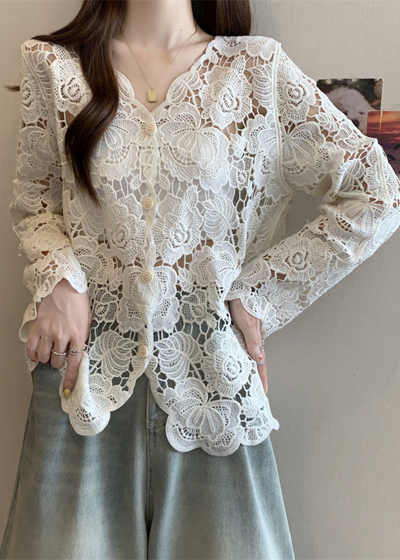 Stylish Apricot V Neck Button Hollow Out Lace Cardigan Spring