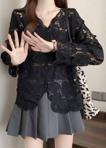 Stylish Apricot V Neck Button Hollow Out Lace Cardigan Spring