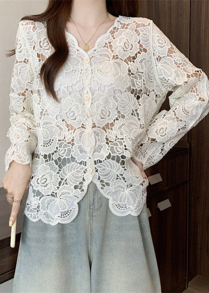 Stylish Apricot V Neck Button Hollow Out Lace Cardigan Spring