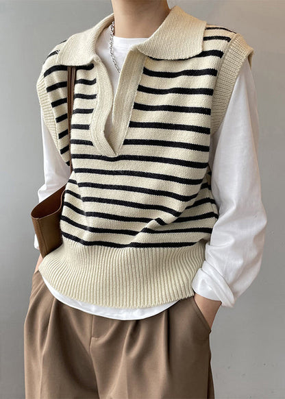 Stylish Apricot V Neck Striped Knit Vest Tops Sleeveless