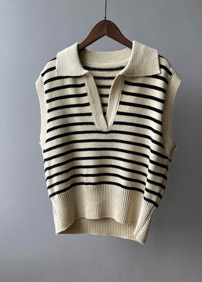 Stylish Apricot V Neck Striped Knit Vest Tops Sleeveless