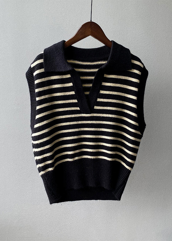 Stylish Apricot V Neck Striped Knit Vest Tops Sleeveless