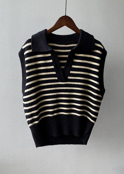 Stylish Apricot V Neck Striped Knit Vest Tops Sleeveless