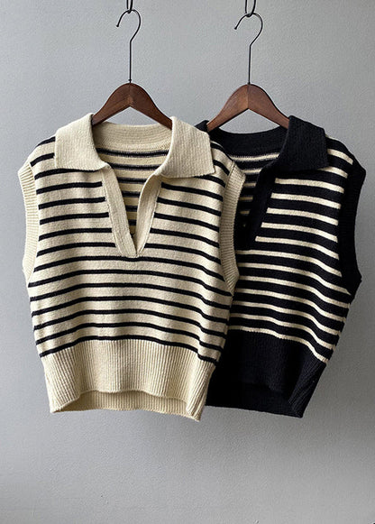 Stylish Apricot V Neck Striped Knit Vest Tops Sleeveless
