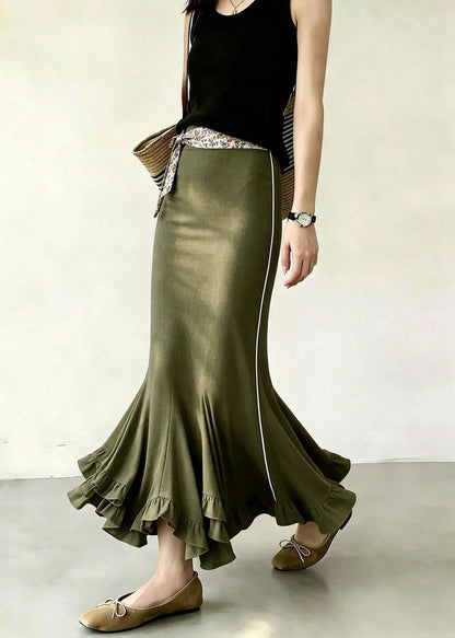 Stylish Army Green High Waist Side Stripe Ruffled Mermaid Skirts Fall
